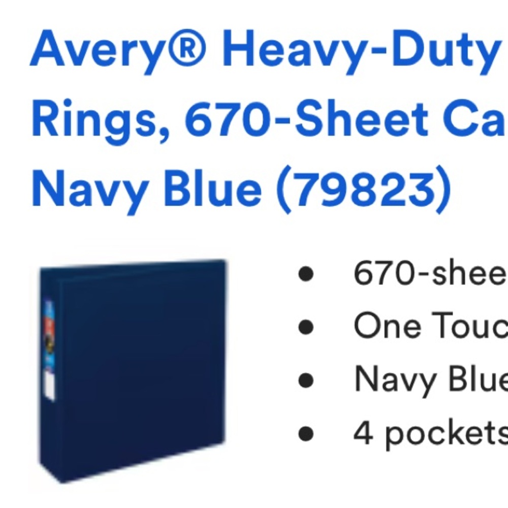 NWT Avery Heavy-Duty Binder with One-Touch Rings in Navy and Four Inside Pockets